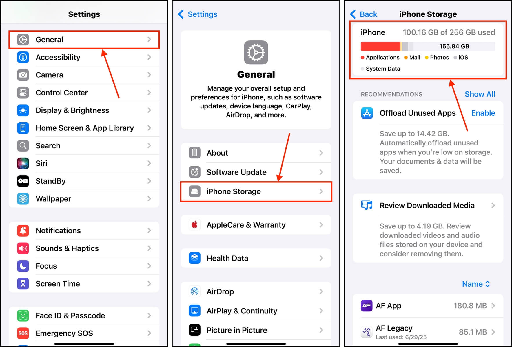 iPhone storage menu in settings