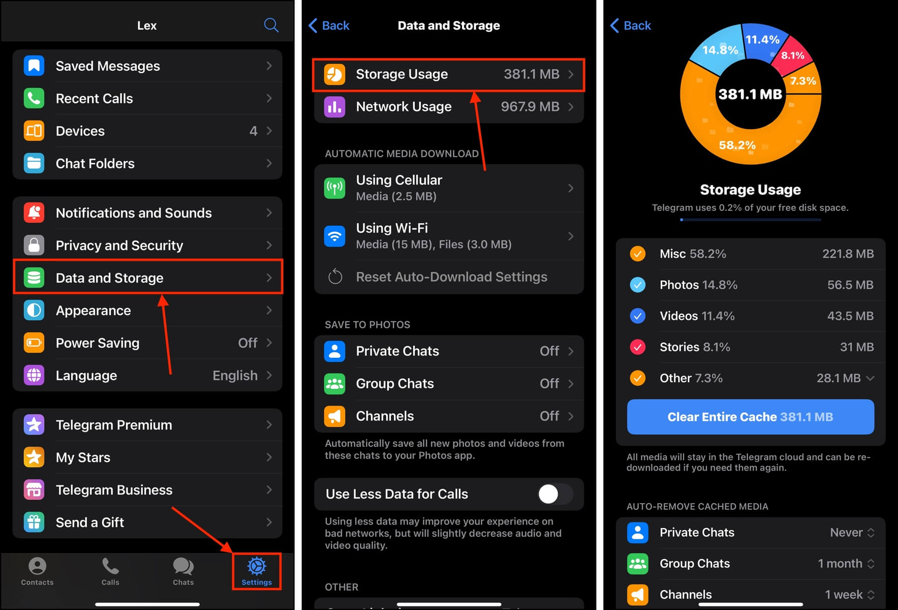 data and storage usage in the app settings