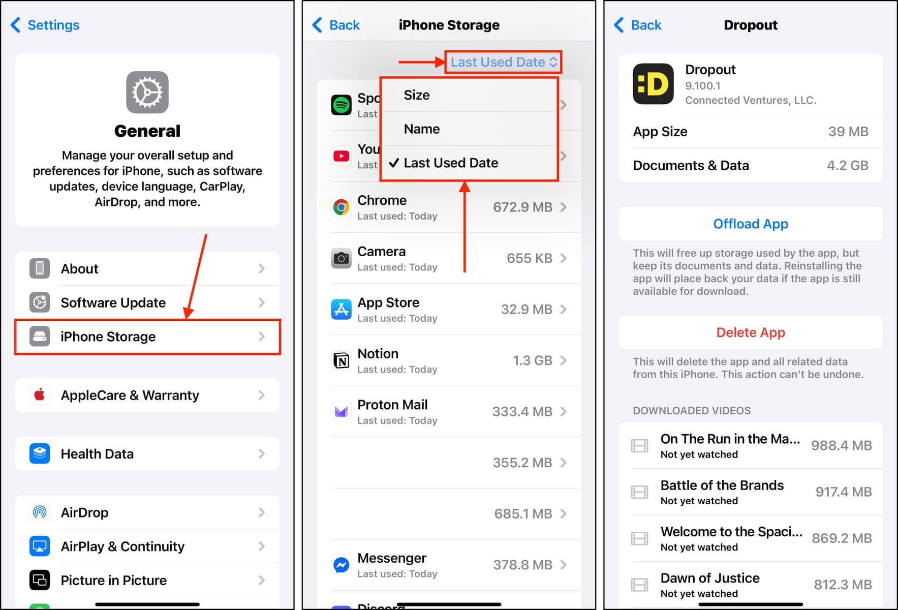 Application data storage usage in Settings