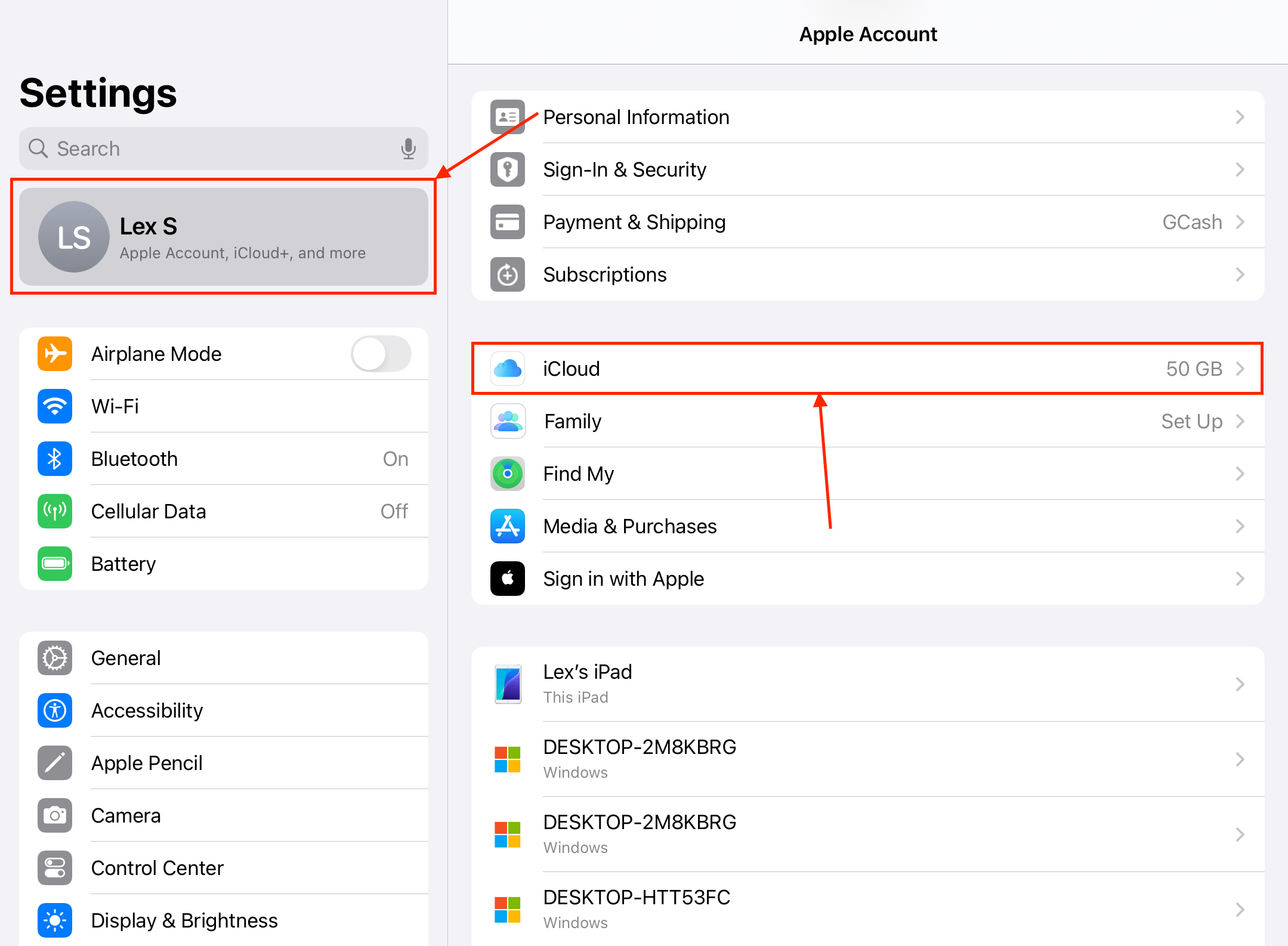 Navigating to the iCloud menu in the iPad Settings app