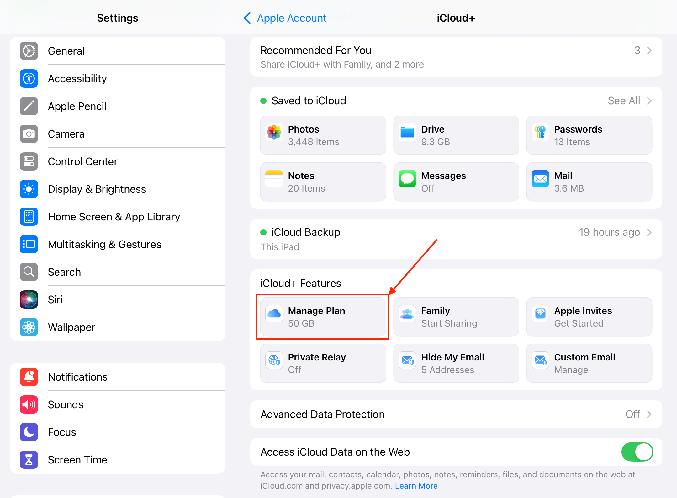 Navigating to the Upgrade iCloud menu in the iPad's Settings app