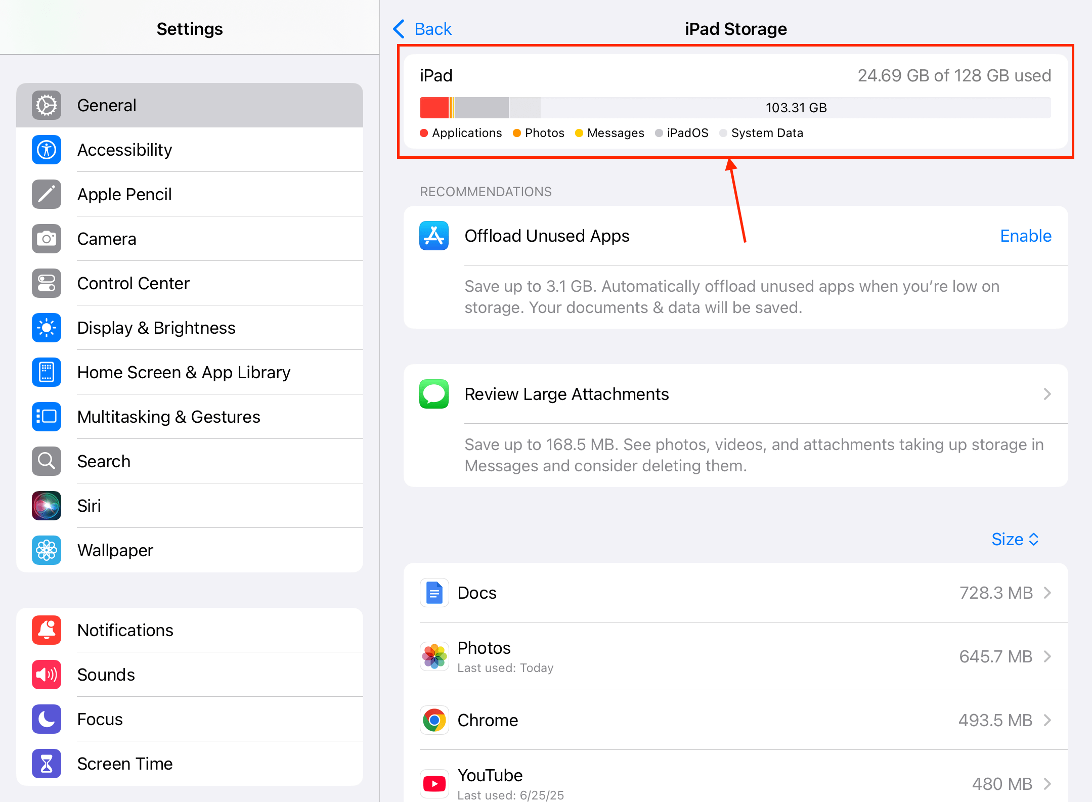 Stacked bar in the iPad Storage menu