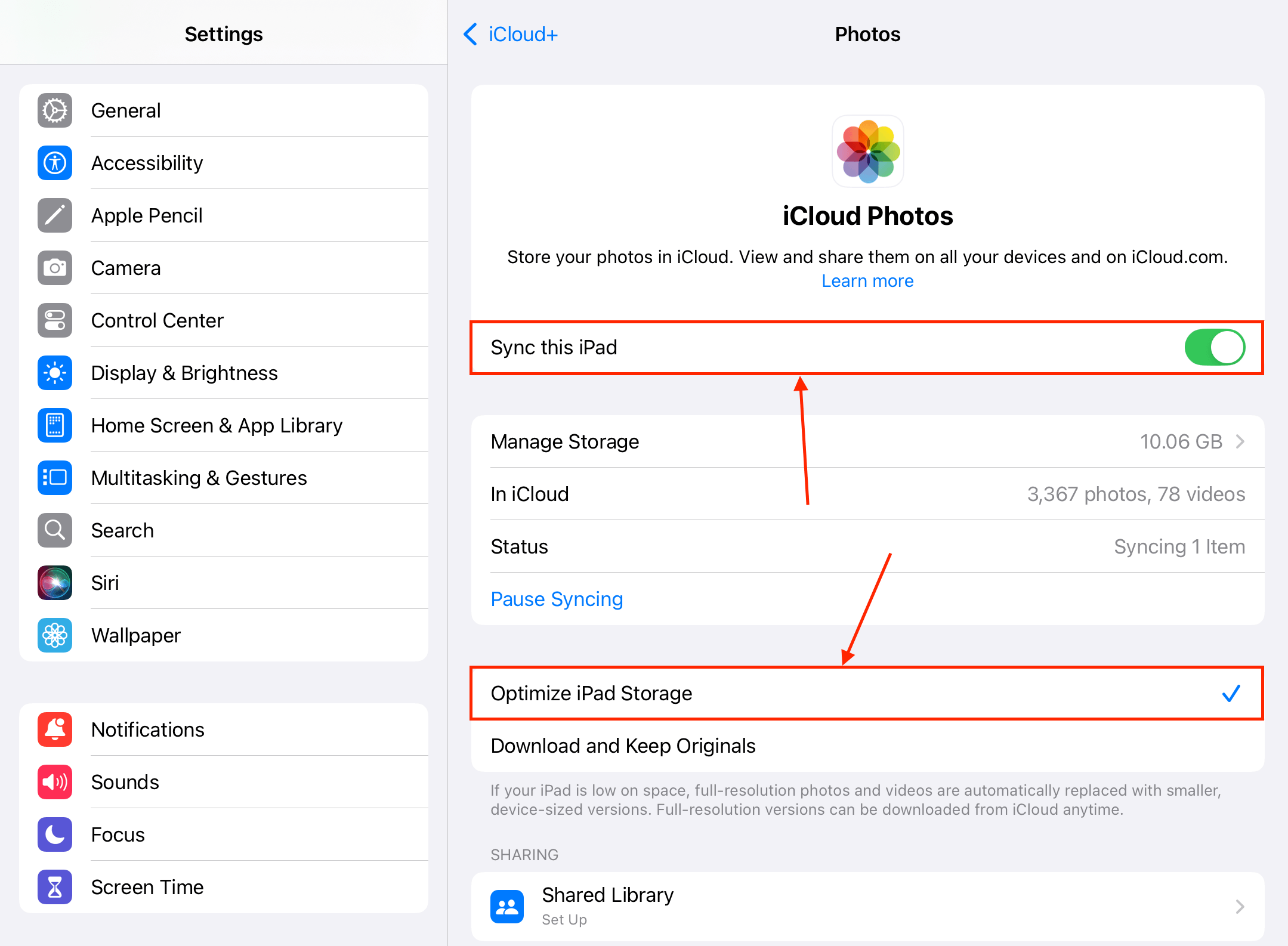 iCloud sync and optimization settings for Photos