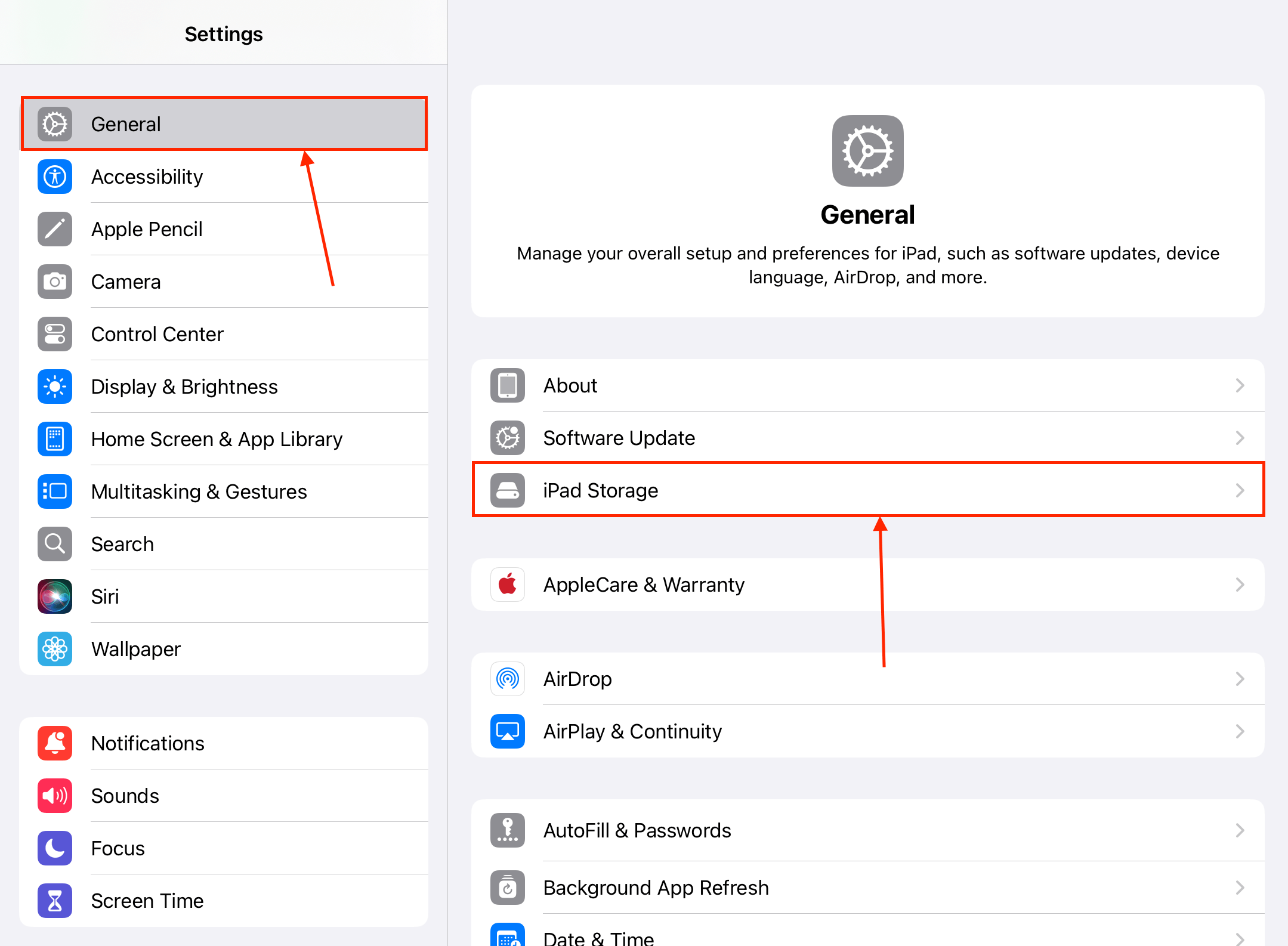 Navigating to the iPad Storage menu in the Settings app