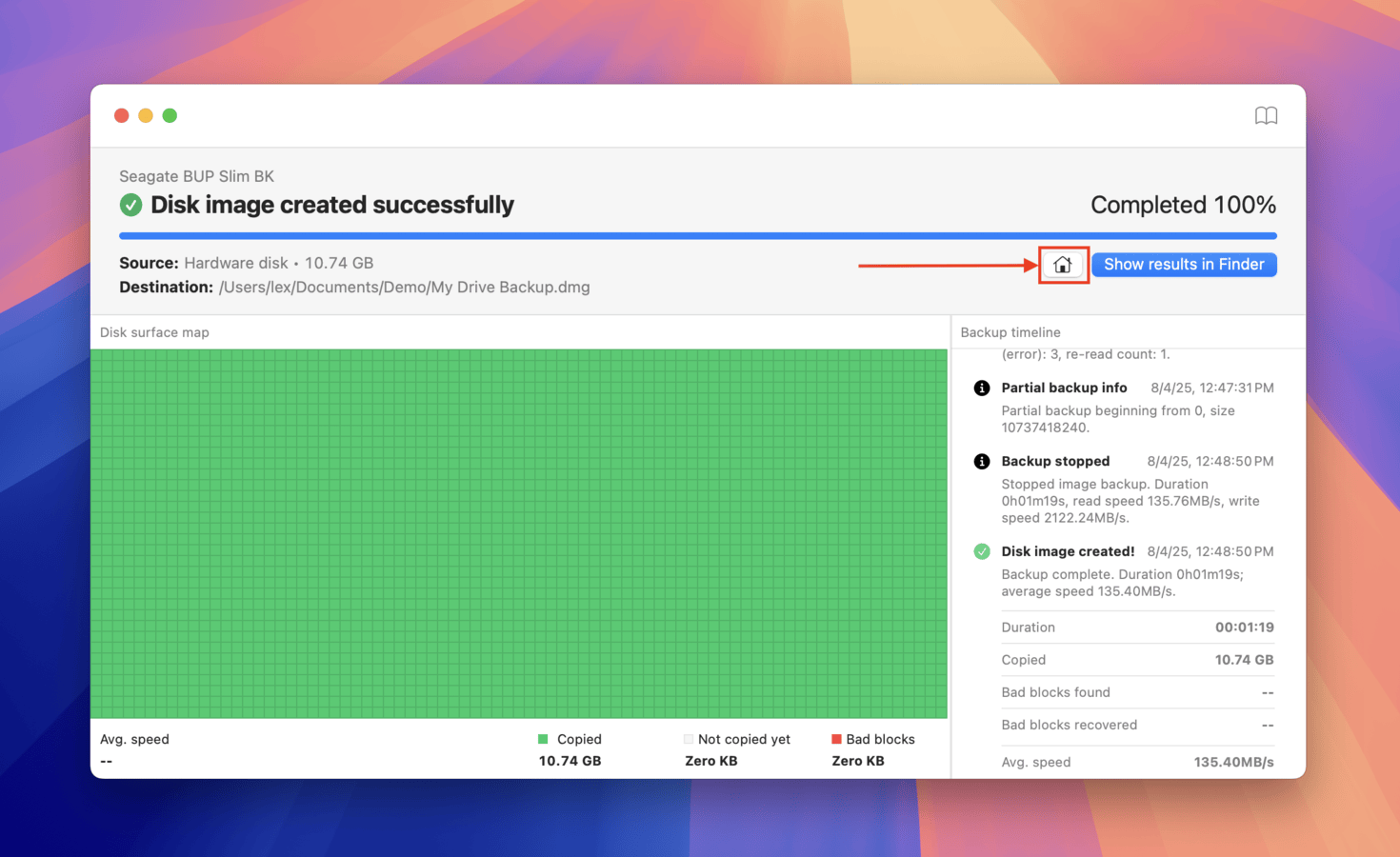 Disk Drill successful backup creation