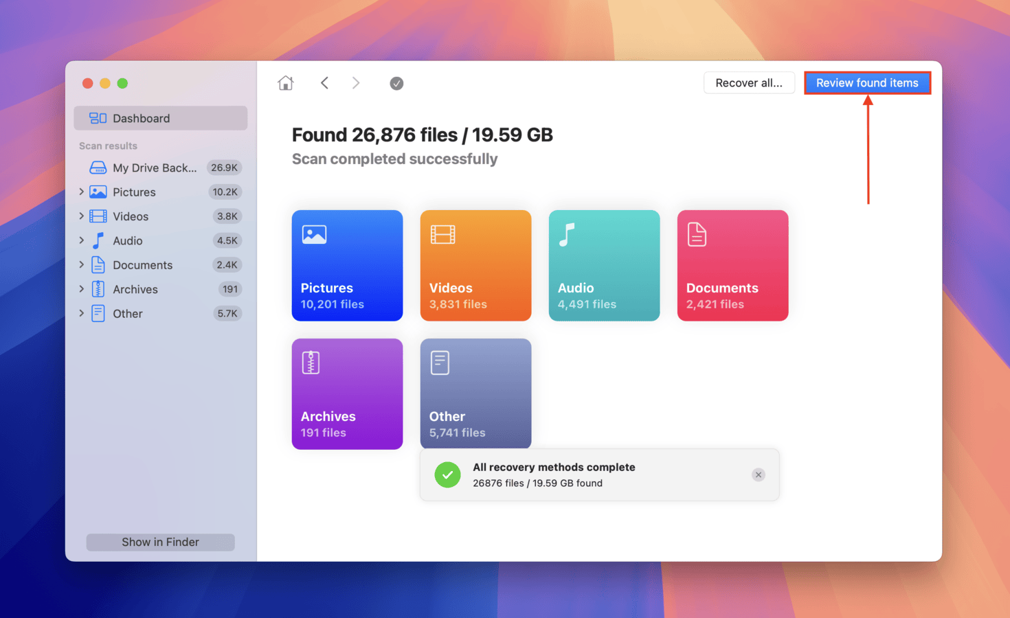 Button to review files that Disk Drill recovered