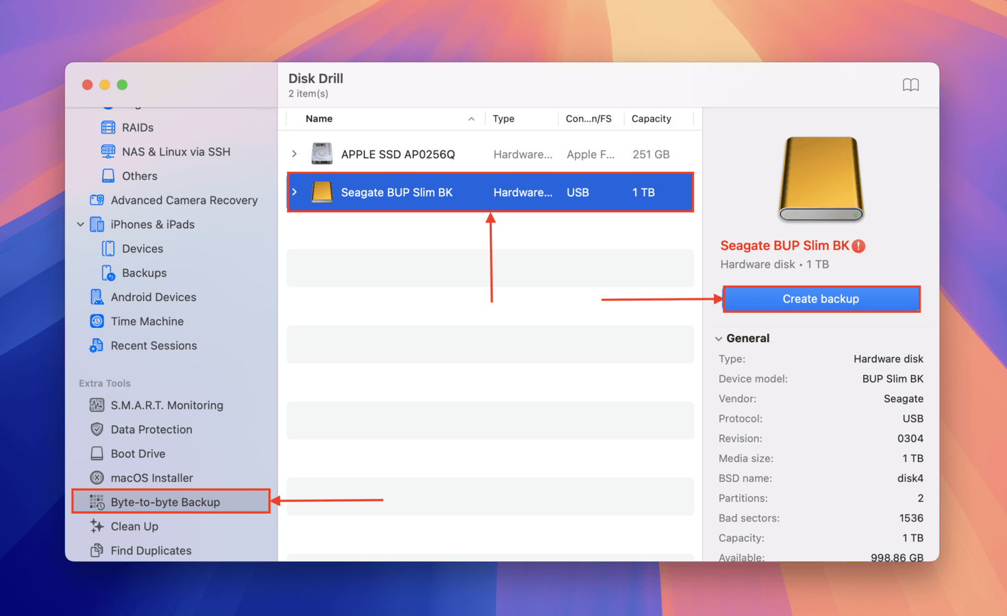 Creating a Byte-to-bye backup with Disk Drill