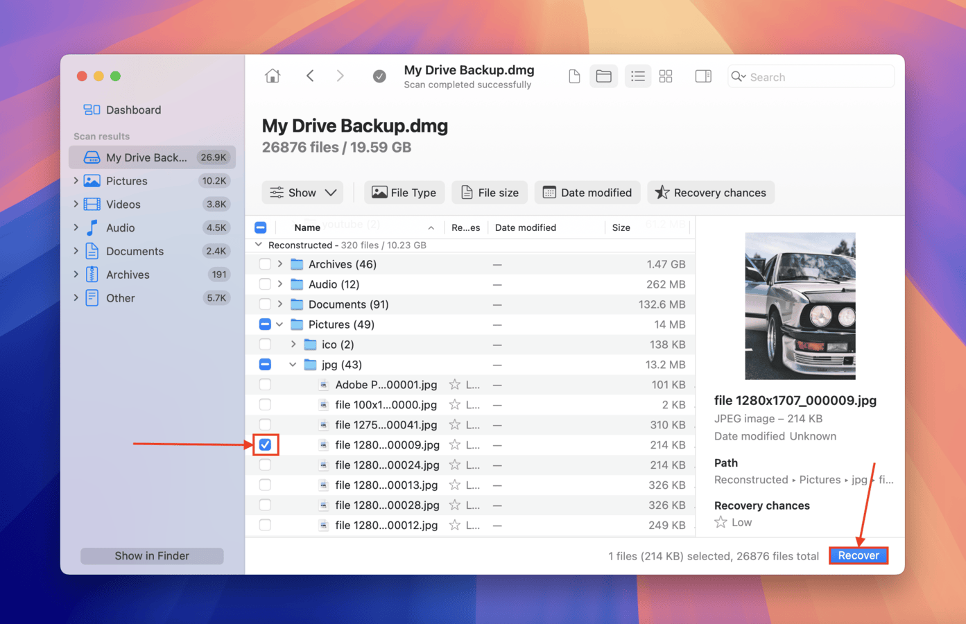 Selecting partition files to recover in Disk Drill's recovery menu