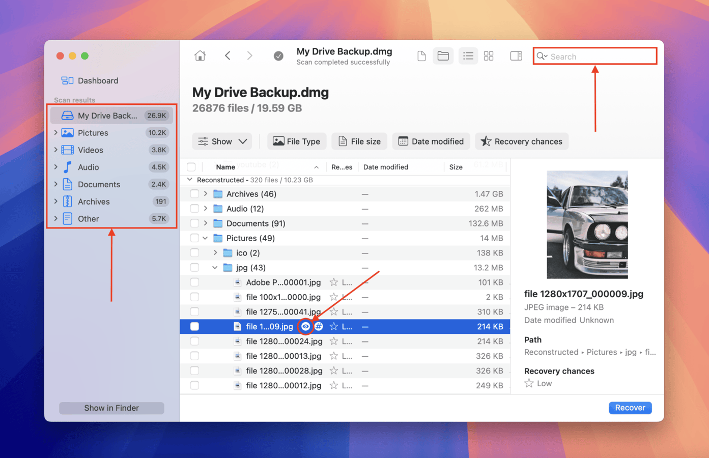 Utilizing Disk Drill's Preview, Filter, and Search tools