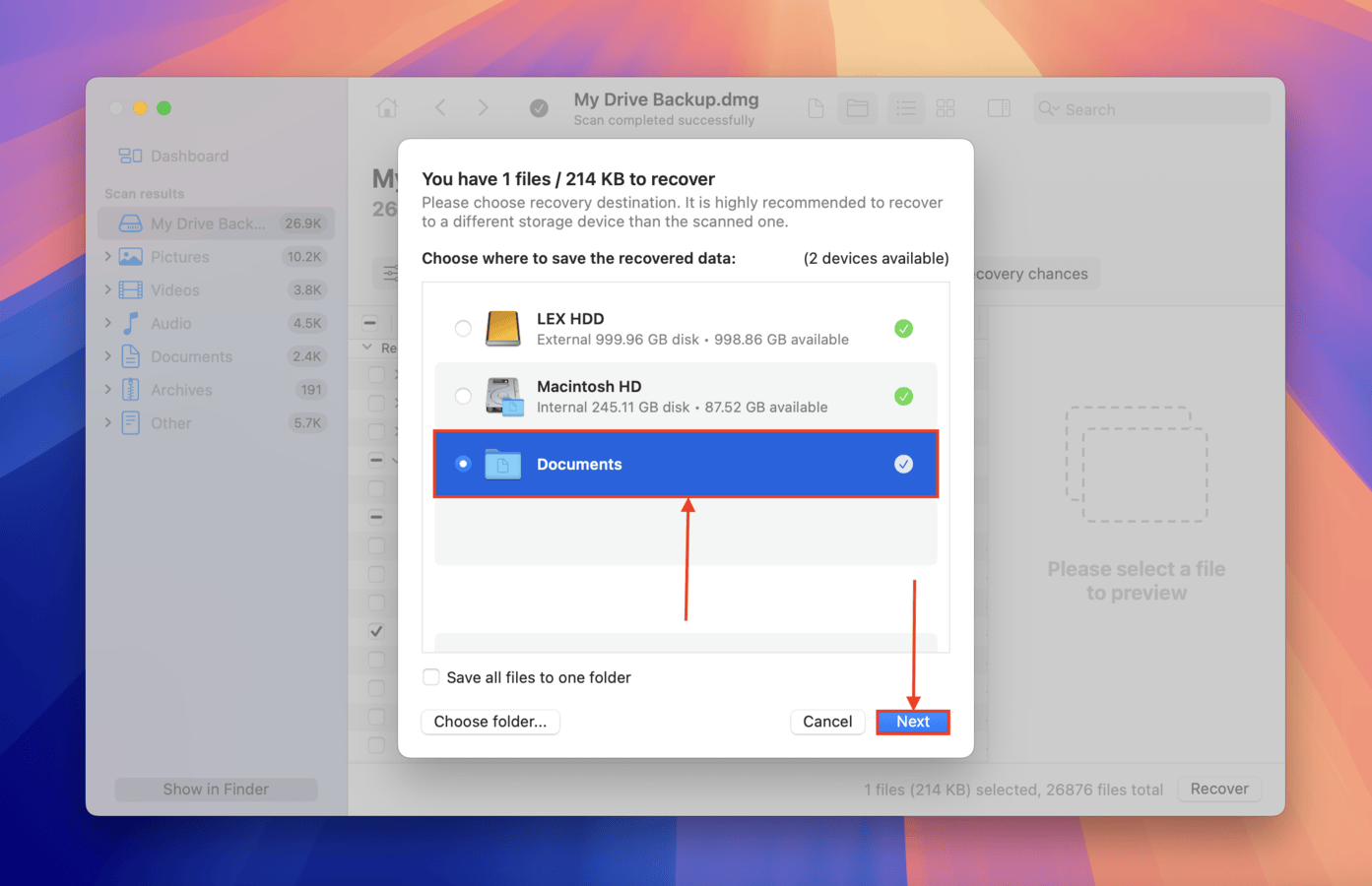 Choosing a save location for the partition files Disk Drill recovered