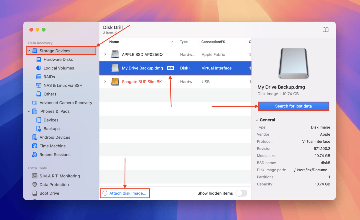 Choosing a Byte-to-byte backup file in Disk Drill's source selection menu