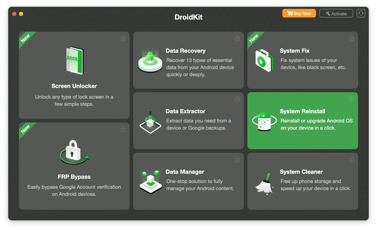 home menu in DroidKit