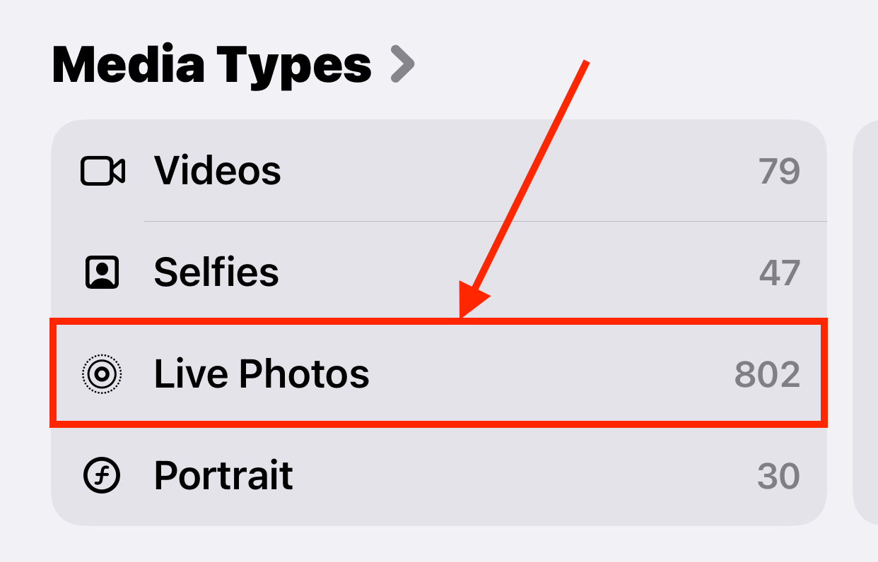 Selecting the Live Photos category in the Media Types section in the Photos app