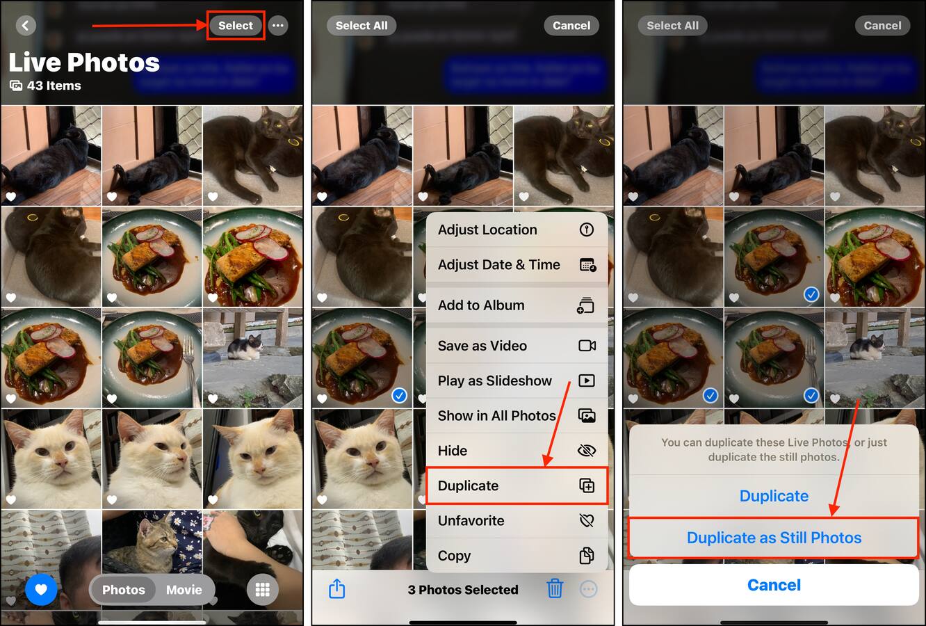 Duplicating Live photos as still images in the Photos app