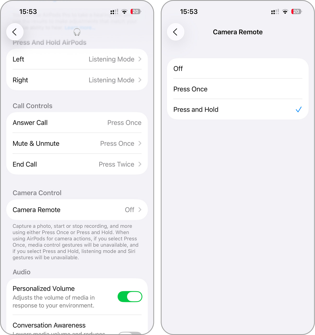 camera remote control from air pods