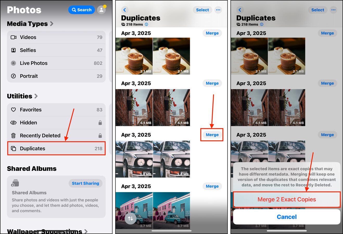 Merging duplicates using the iPhone Photos app