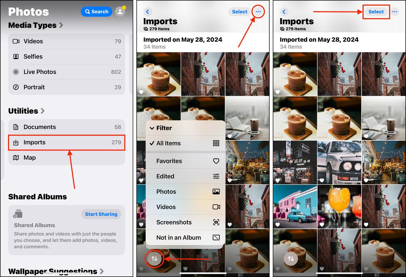 Deleting photos from the Imports category in iOS Photos