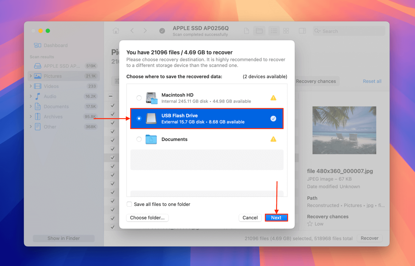 Choosing a destination folder for Disk Drill's recovered files