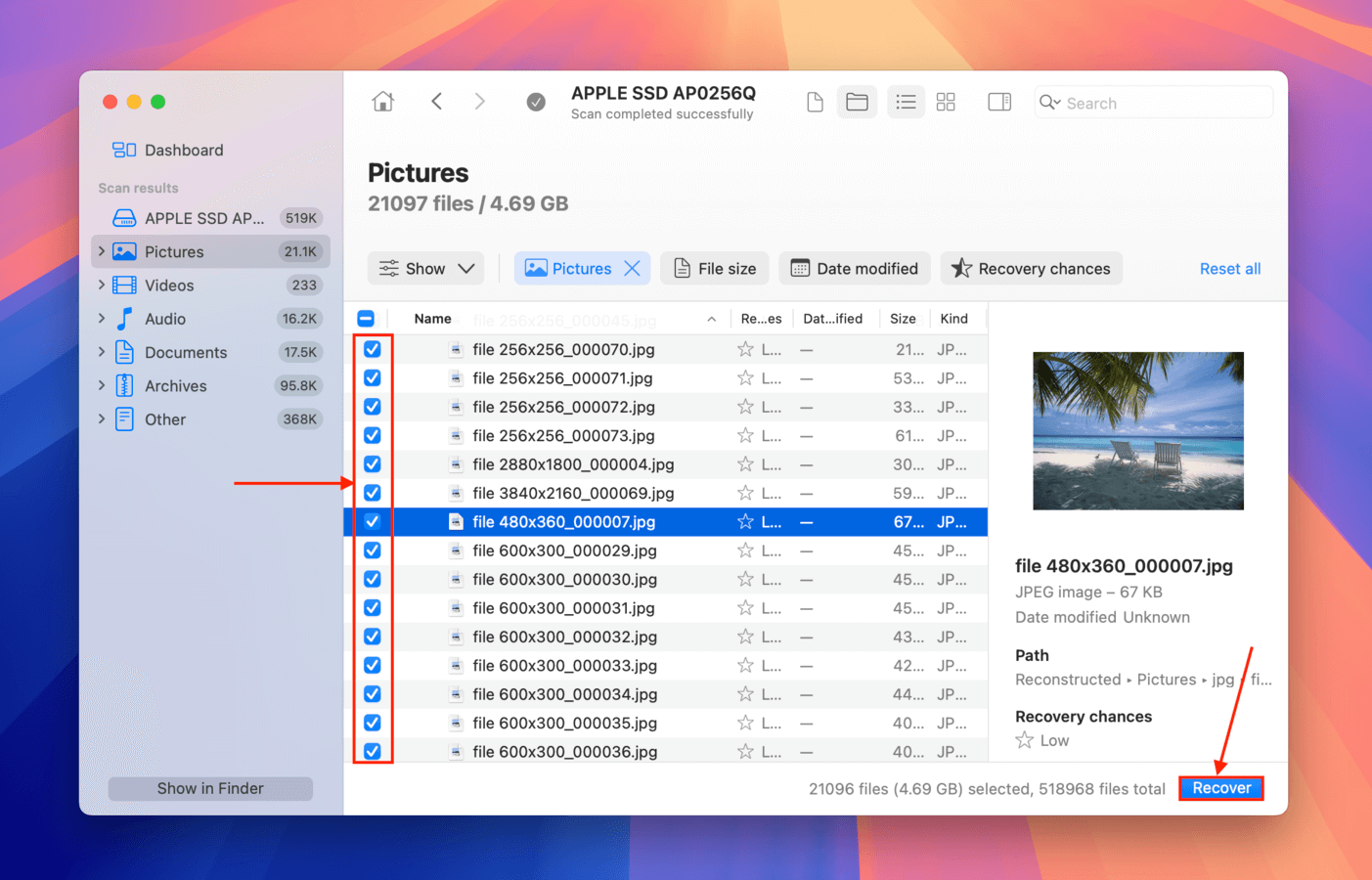 Selecting files for recovery in Disk Drill