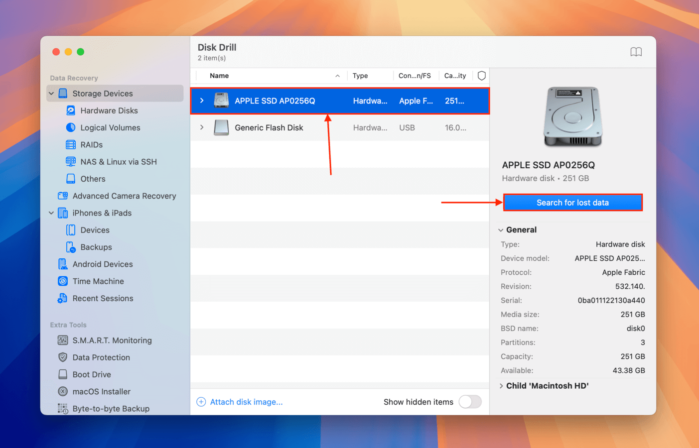 Source selection menu and start scan button in Disk Drill