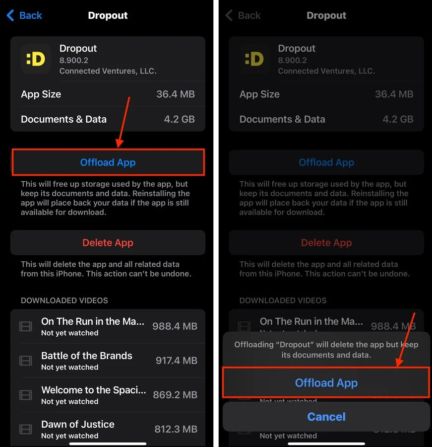 Offloading an app via the iPhone Storage menu