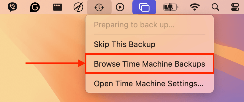 Browse Time Machine Backups button in the Time Machine menu