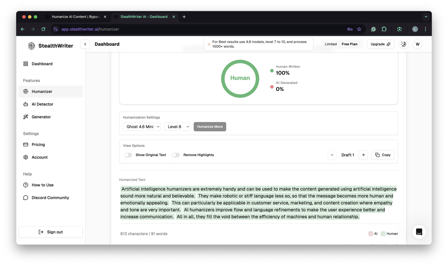 StealthWriter AI Harmonizer web app