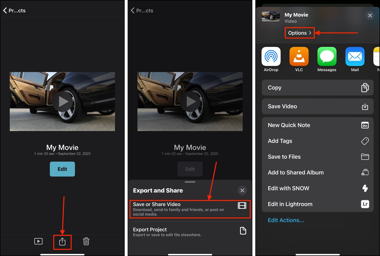 Accessing the save options for a movie in iMovie