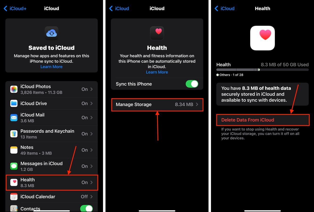 Deleting an app's iCloud data in the Settings app