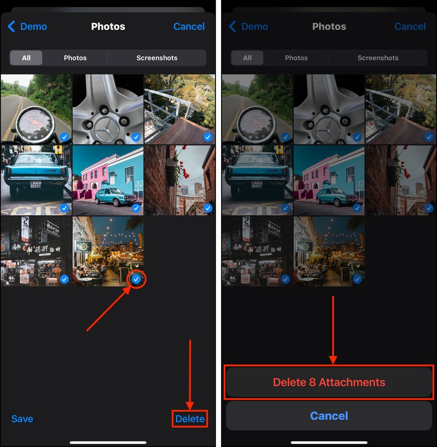 Deleting attachments from the contacts menu in the Messages app