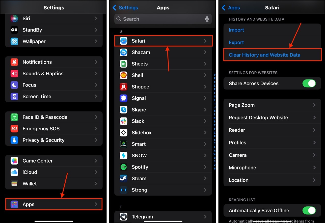 Deleting Safari's website history data in the Settings app