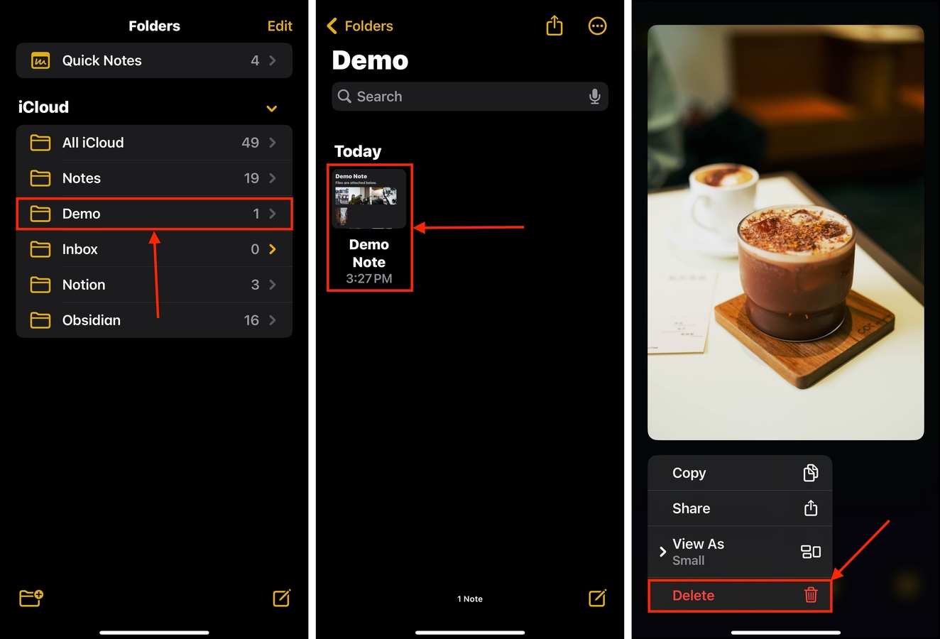 Deleting image attachments in the iOS Notes app