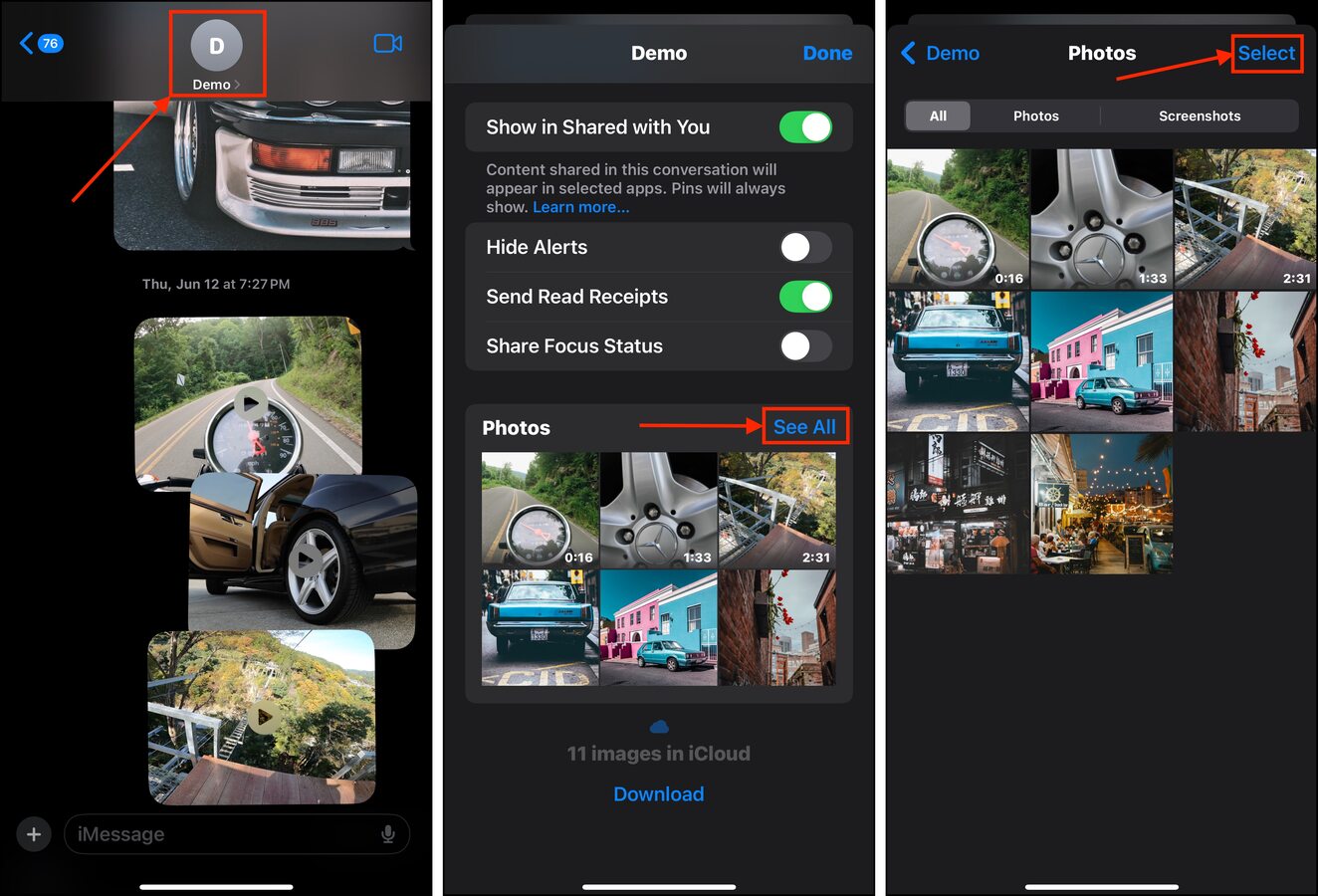 Expanding the Attachments gallery in a contact's menu