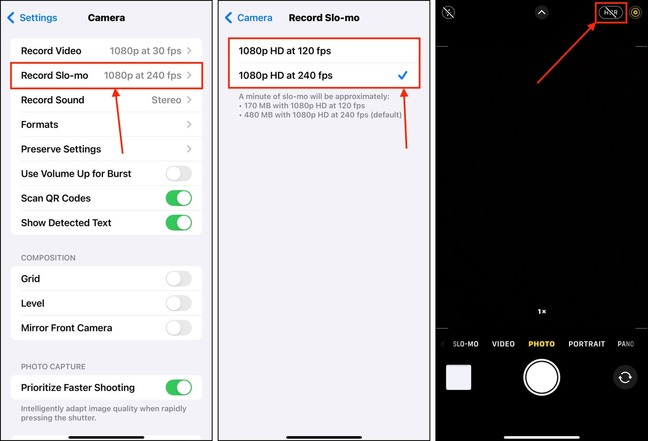 Changing iPhone HDR and slow-mo settings