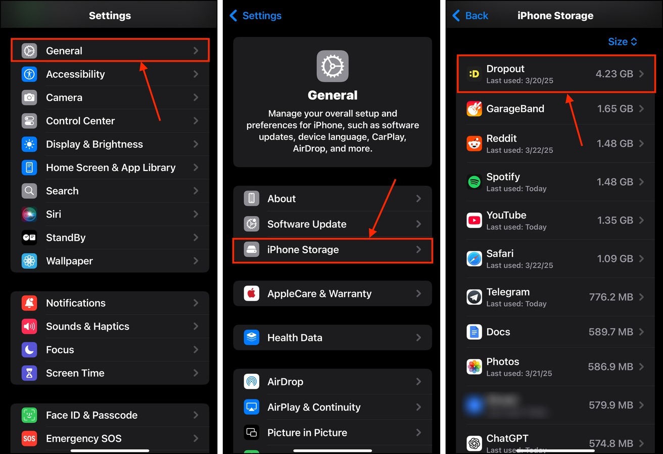 Selecting an app from the iPhone Storage menu