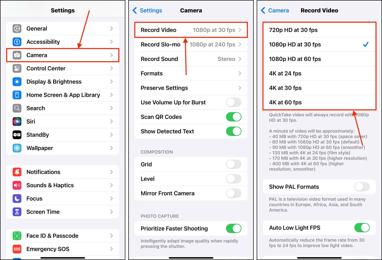 Changing the video recording settings of the iPhone's camera