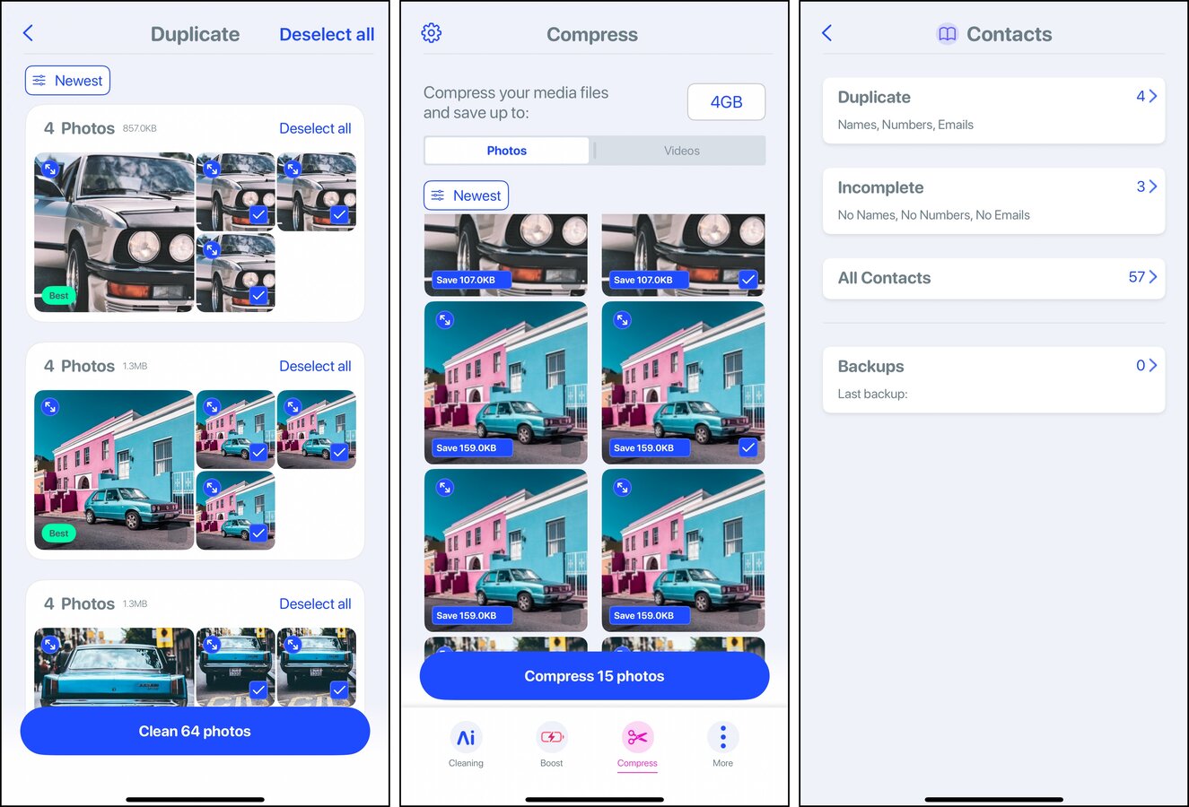 Screenshots of the interface of AI Cleaner for iPhone