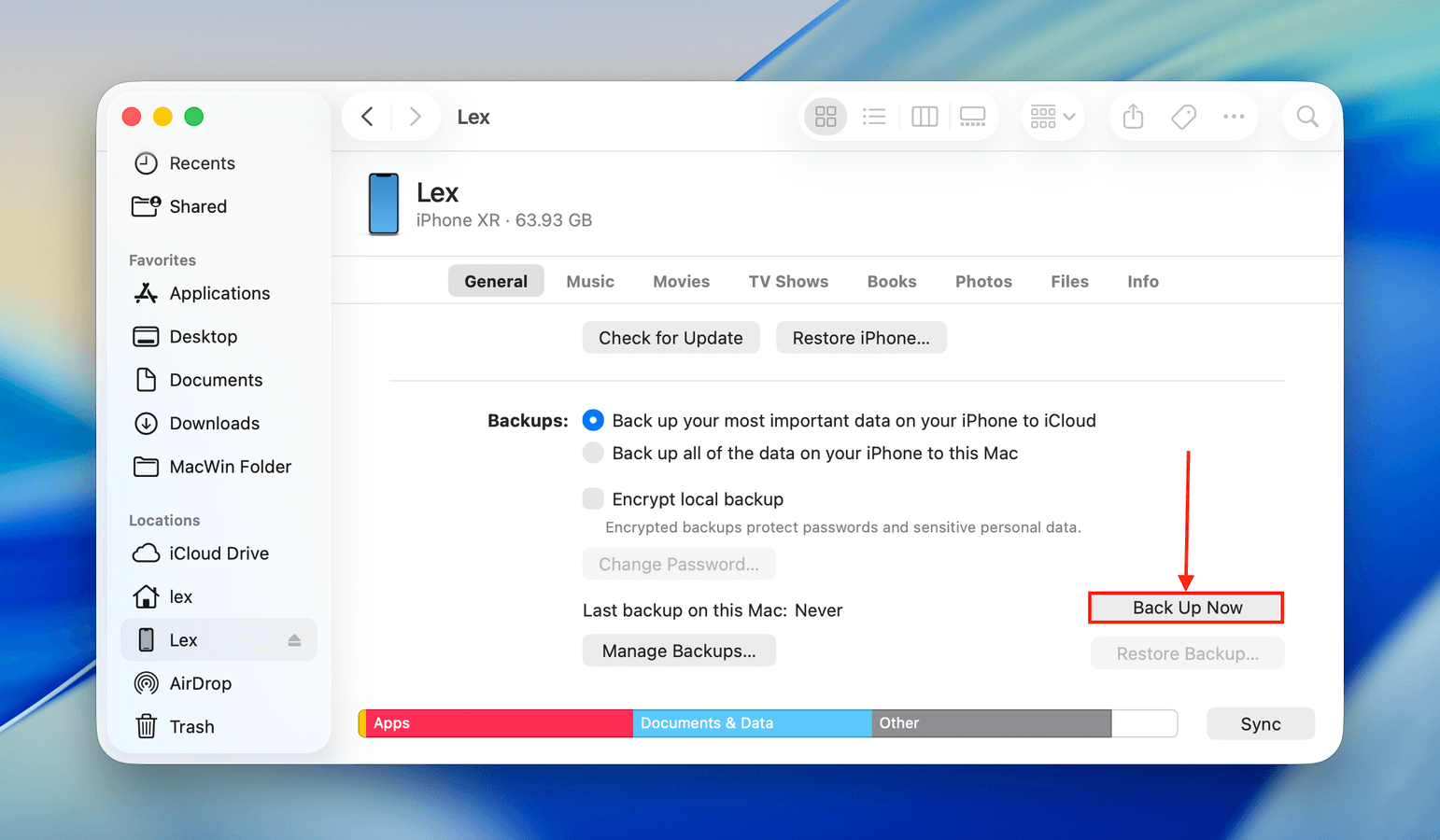 Backing up an iPhone through Finder
