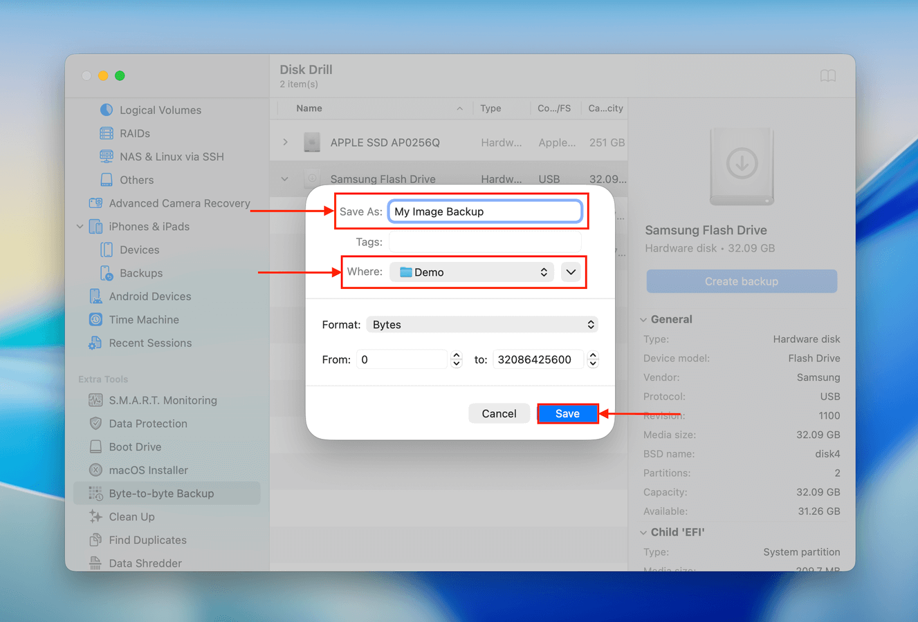 Choosing a save location for the byte-to-byte backup from Disk Drill