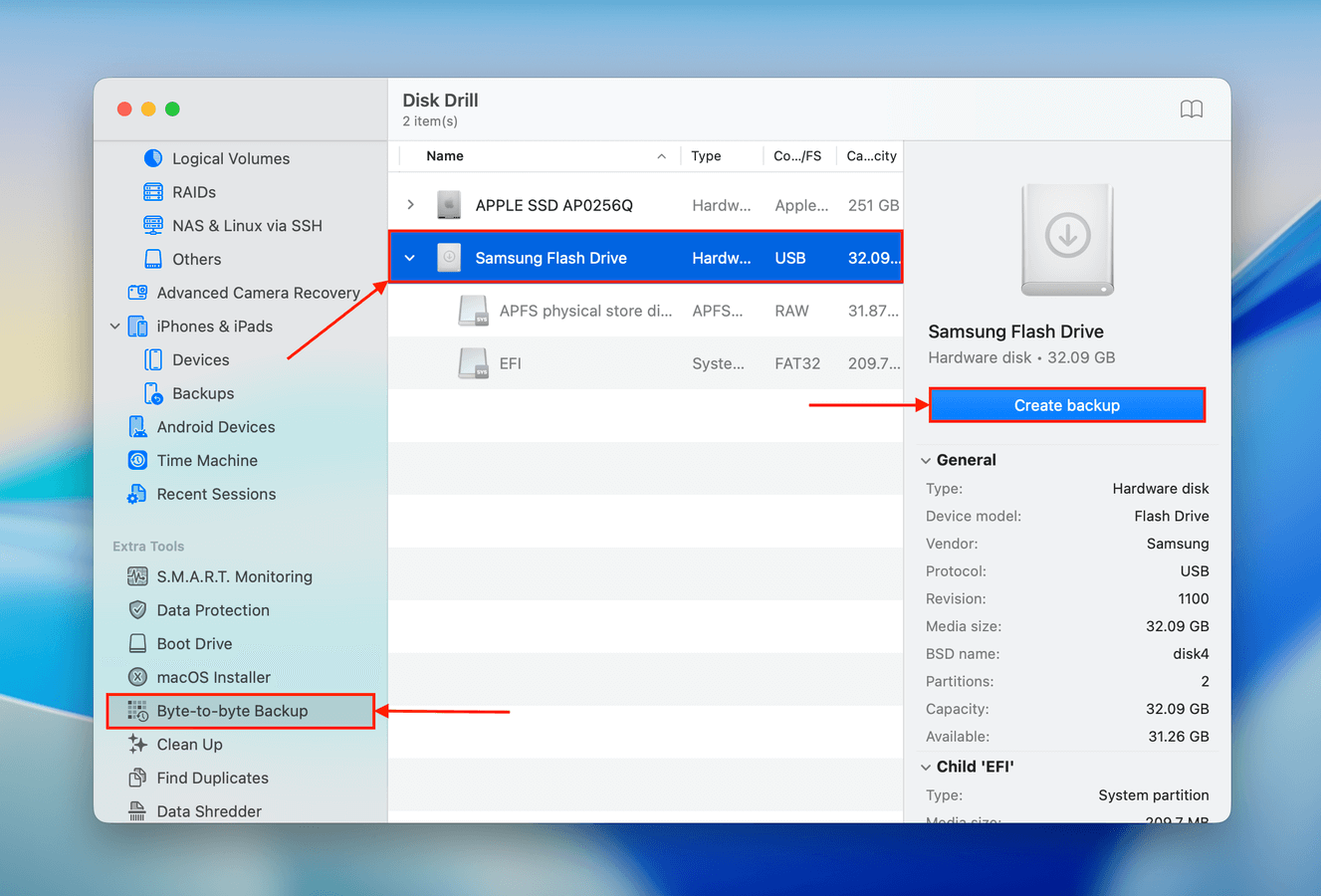Creating a Byte-to-byte backup in Disk Drill for Mac