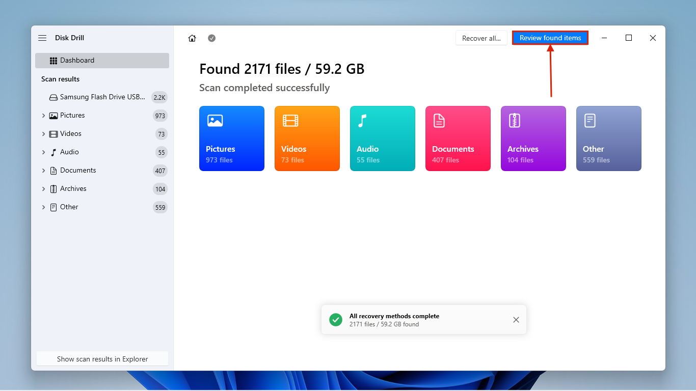 Review Found Files button in Disk Drill