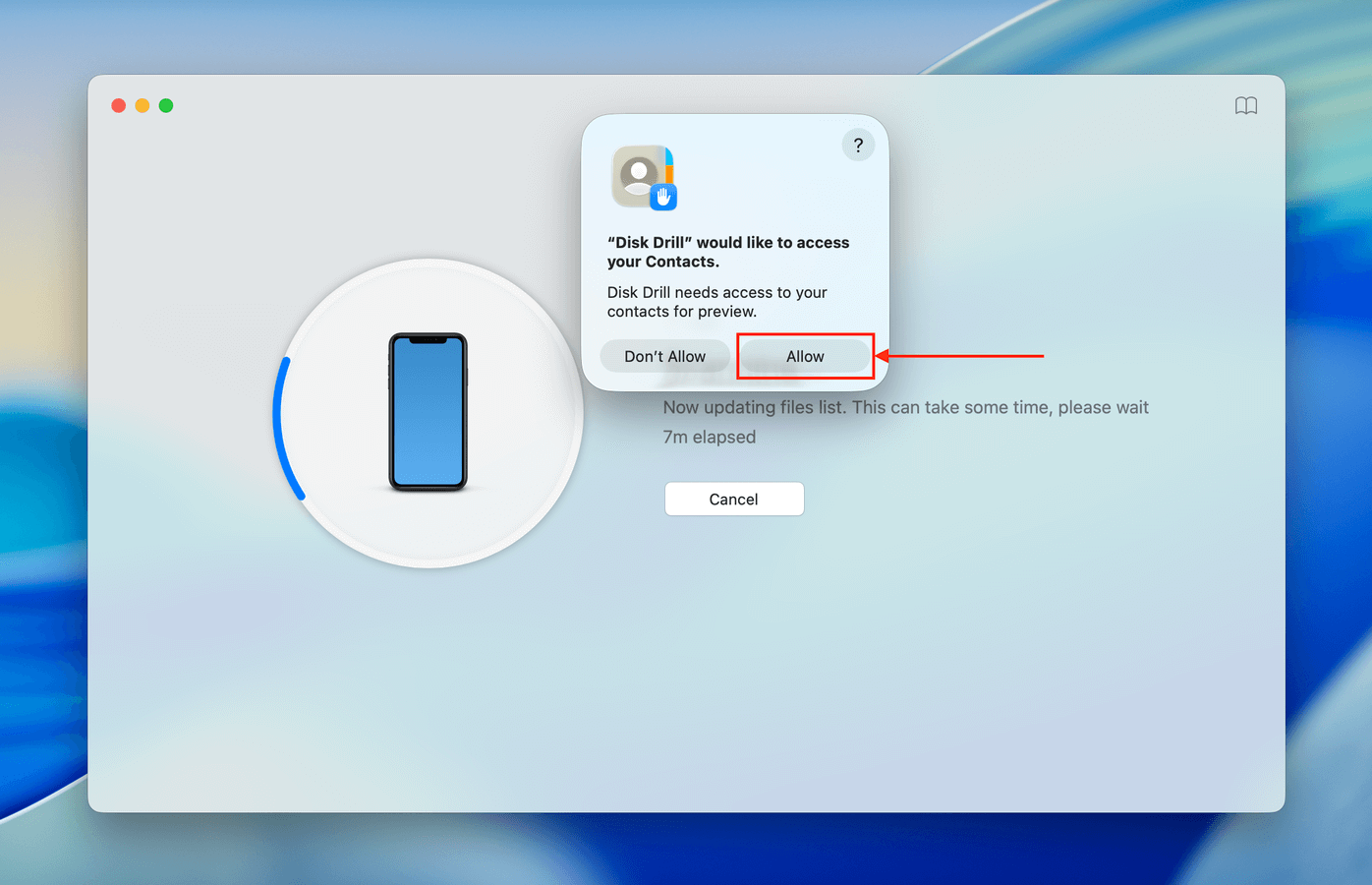 Allowing Disk Drill to scan iPhone data