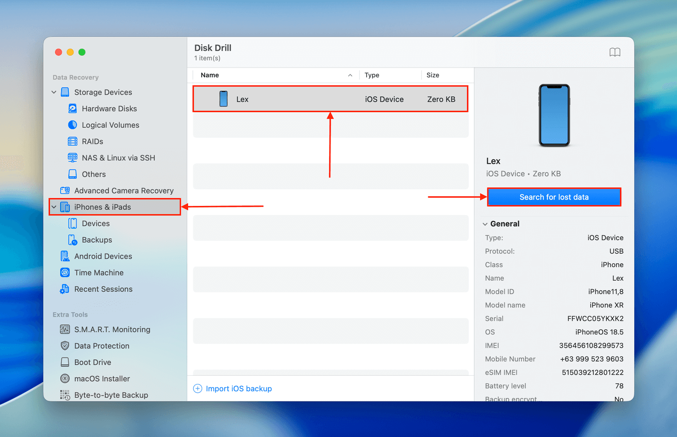Using Disk Drill for Mac to scan an iPhone