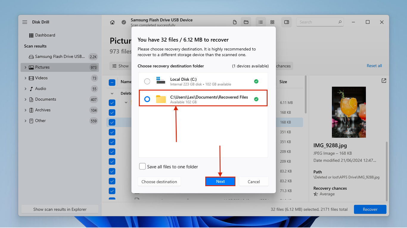 Choosing a destination folder for Disk Drill's found files