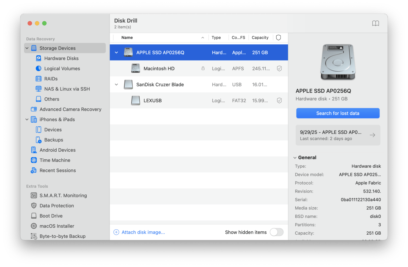 Disk Drill for Mac source selection menu