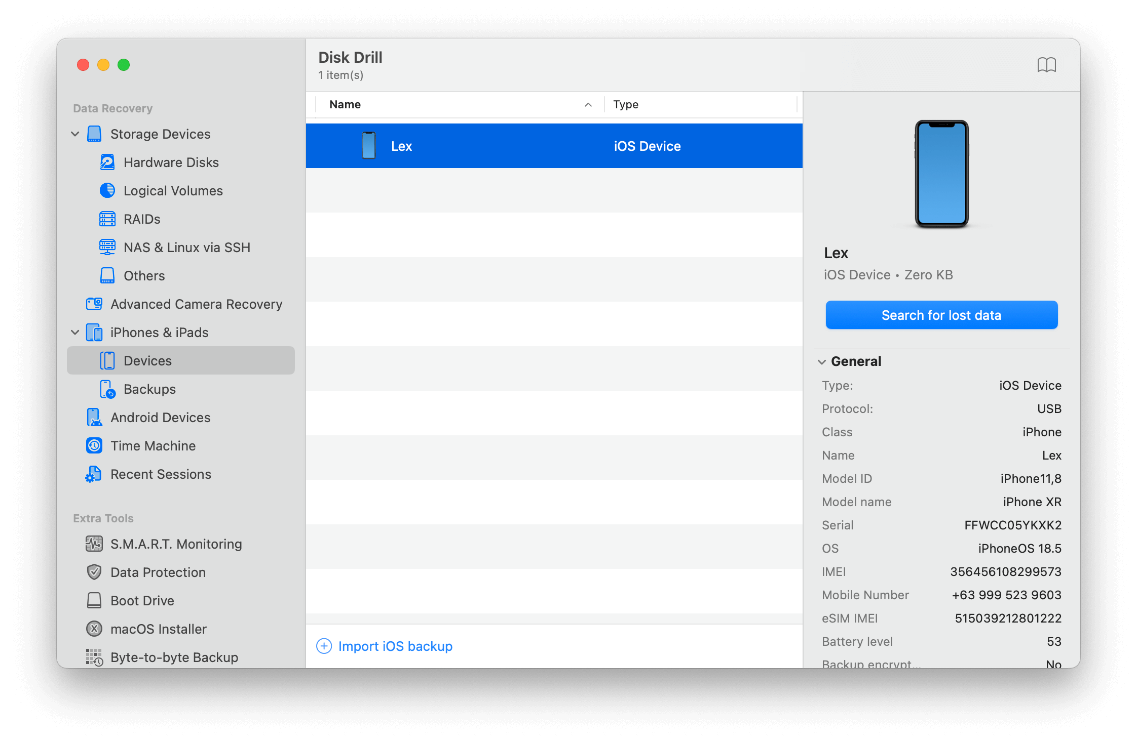 Disk Drill iPhone recovery menu