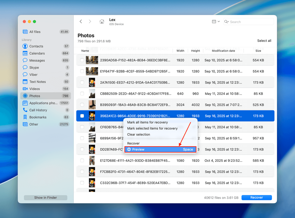 Browsing and previewing iPhone data found by Disk Drill