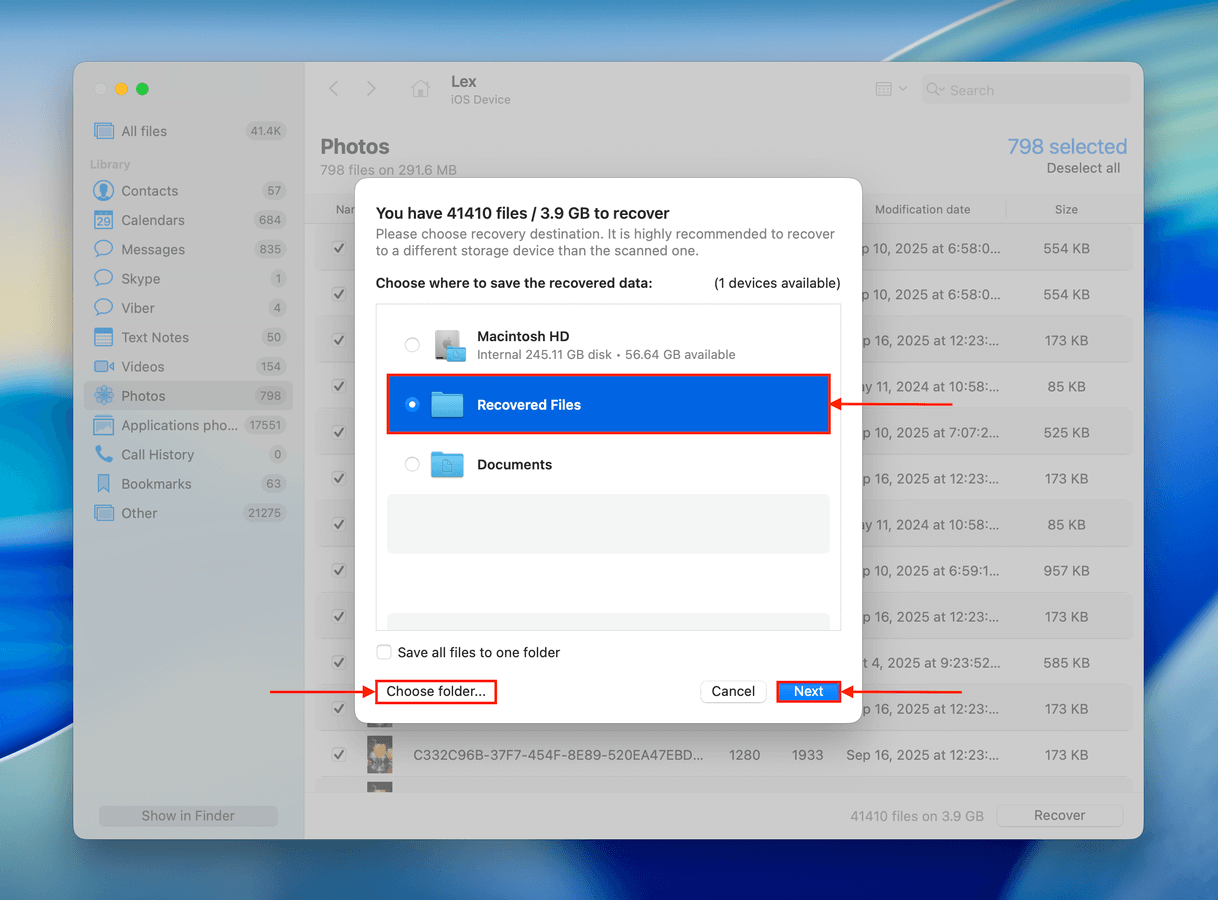 Choosing a destination for the iPhone files Disk Drill recovered