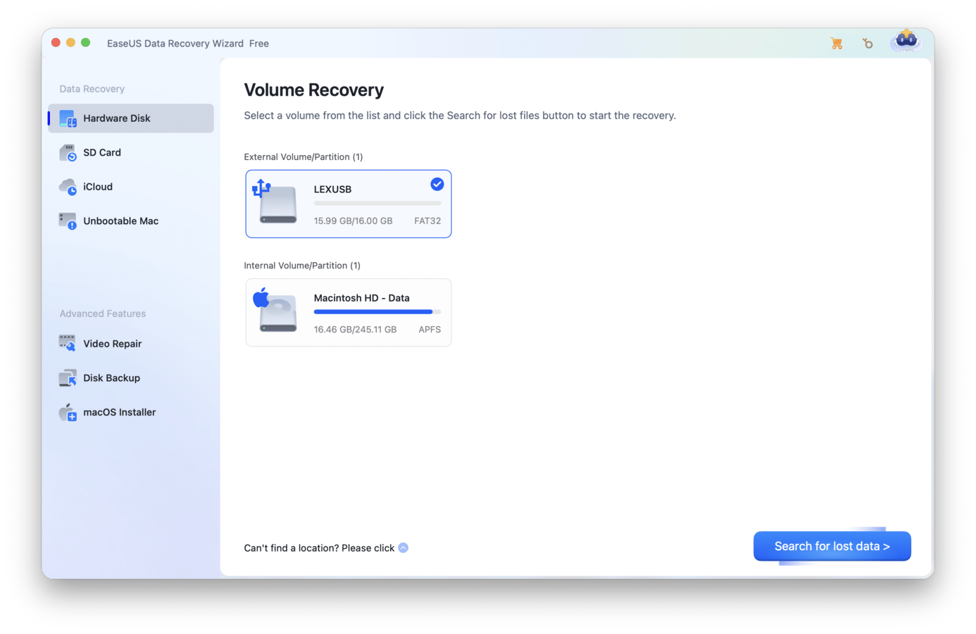 EaseUS Data Recovery for Mac source selection menu