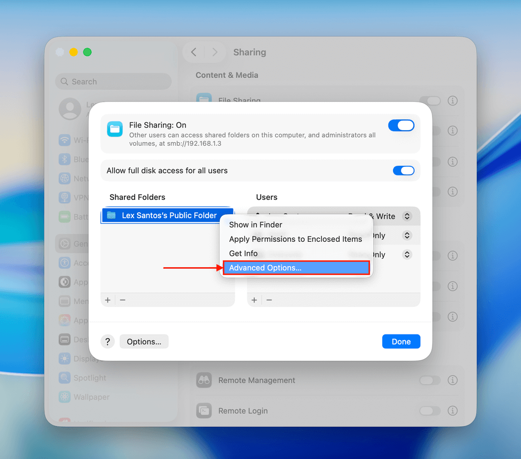 Accessing Advanced Options in the File Sharing menu